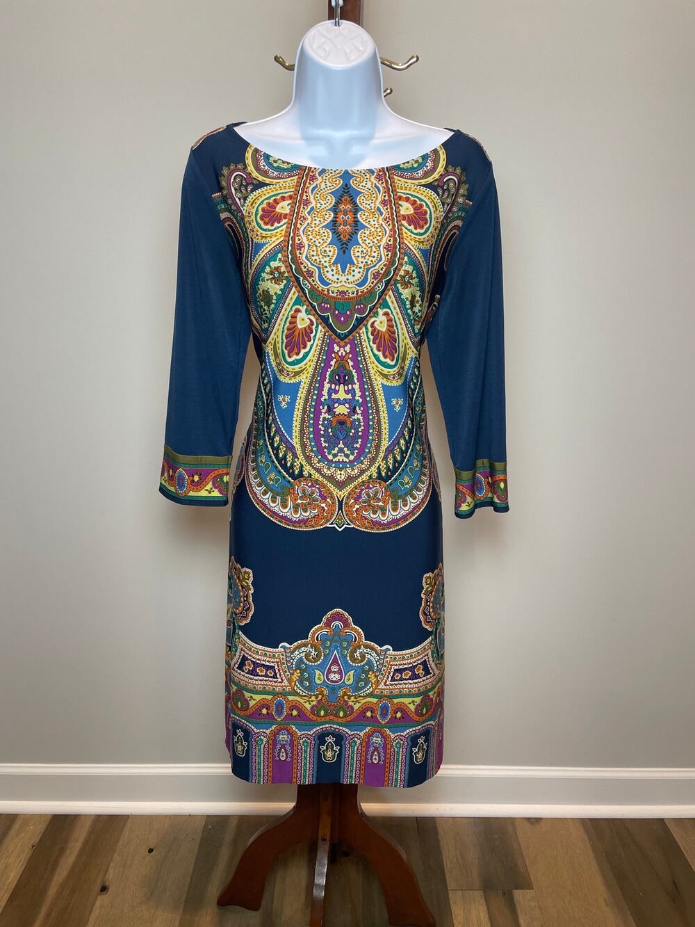 London Times Dress Size 8 Navy Blue Multicolor Boho Long Sleeve Stretch